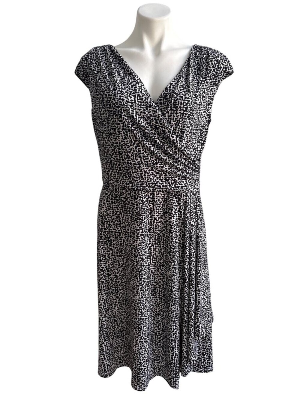 Lauren Ralph Lauren Women's Black & White Faux Wrap Dress, Cap Sleeves Size 12